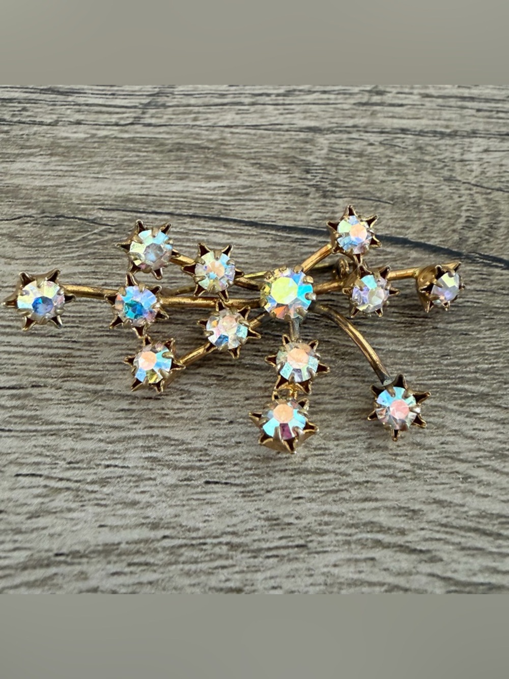 Austria Signed Crystal Aurora Borealis Starburst Firework Brooch Gold Tone AS IS